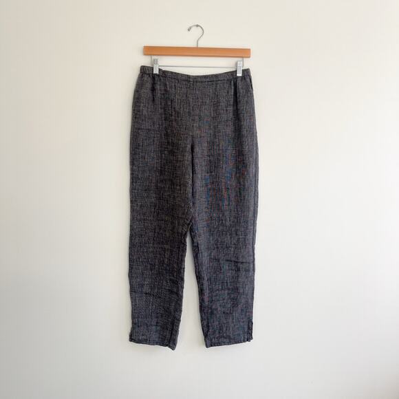 Flax By Jeanne Engelhart Linen Black Checked Pattern Textured Pull On Pants - Picture 1 of 9